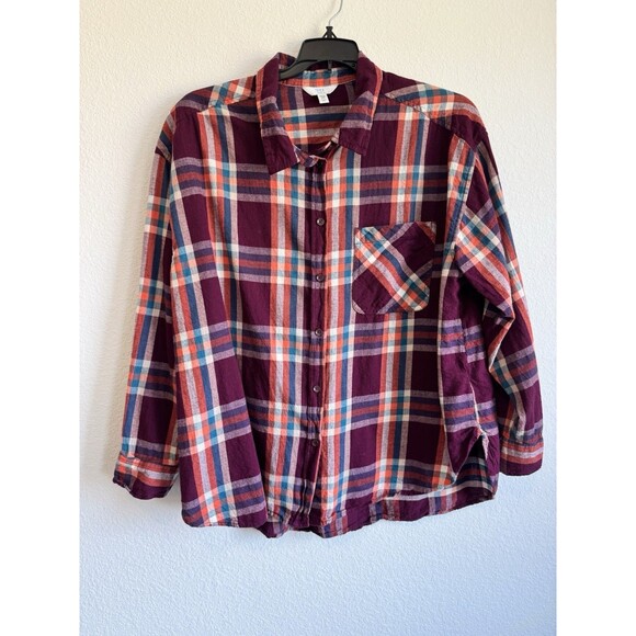 Time and Tru Women's Burgundy Plaid Long Sleeve Button Down Shirt XXXL 22 - Picture 1 of 12